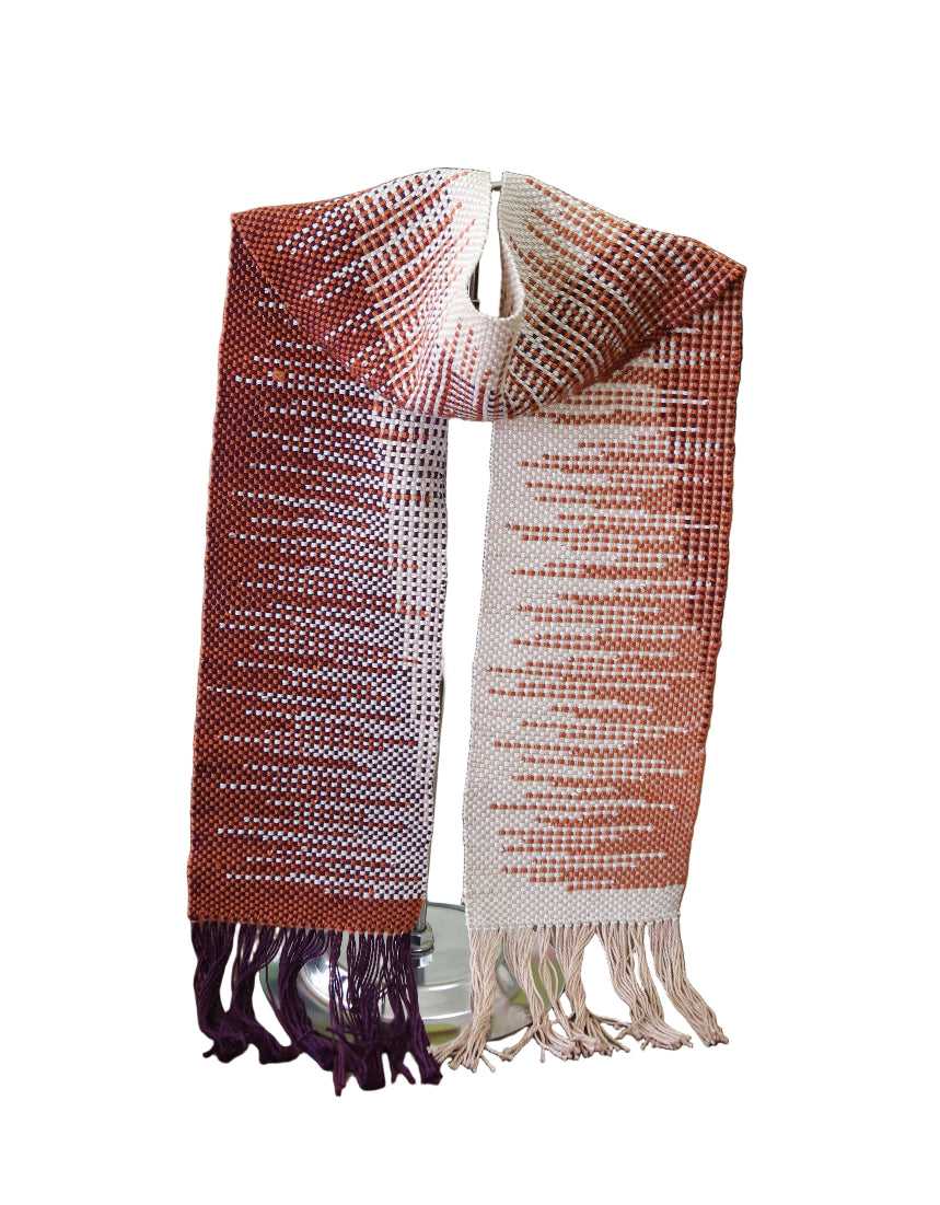 Orange and purple woven scarf with squared geometric pattern