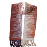 Orange and purple woven scarf with squared geometric pattern