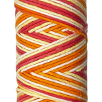 Coral, Orange, Yellow, White striped skein of yarn