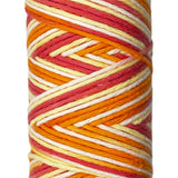 Coral, Orange, Yellow, White striped skein of yarn