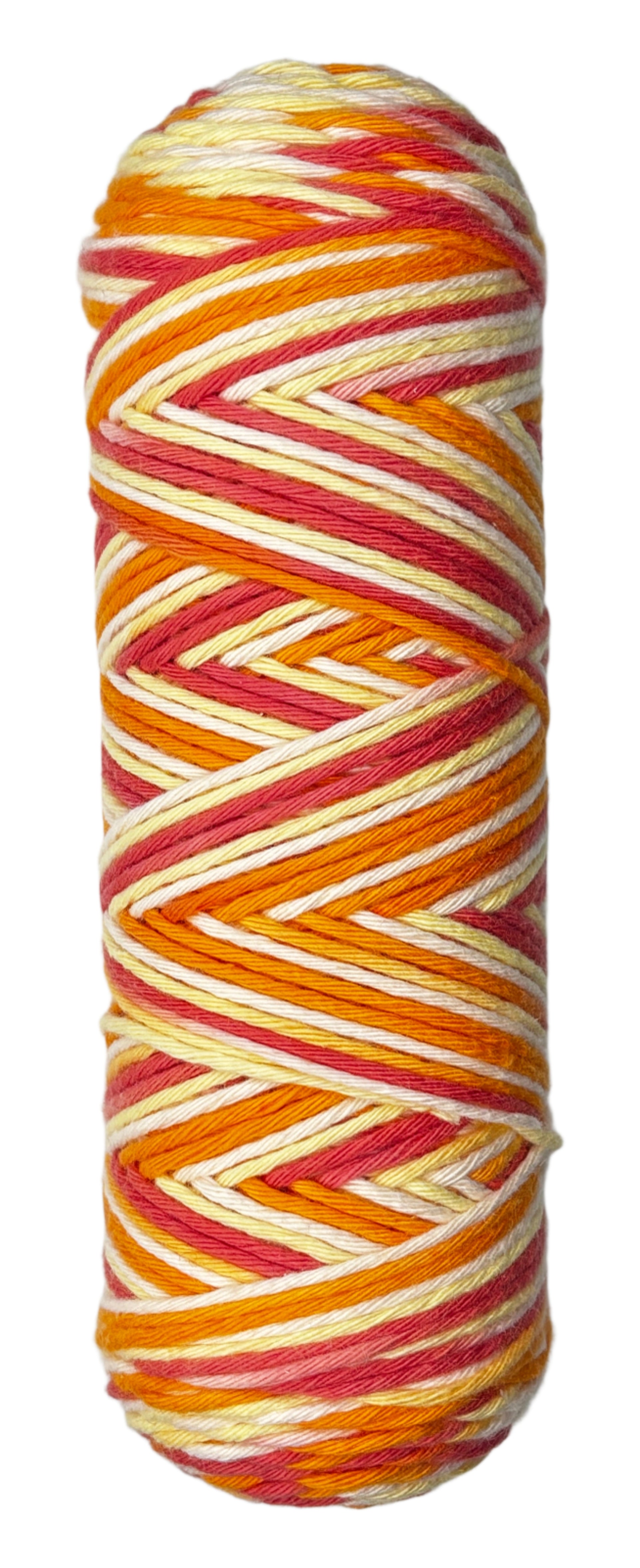 Coral, Orange, Yellow, White striped skein of yarn