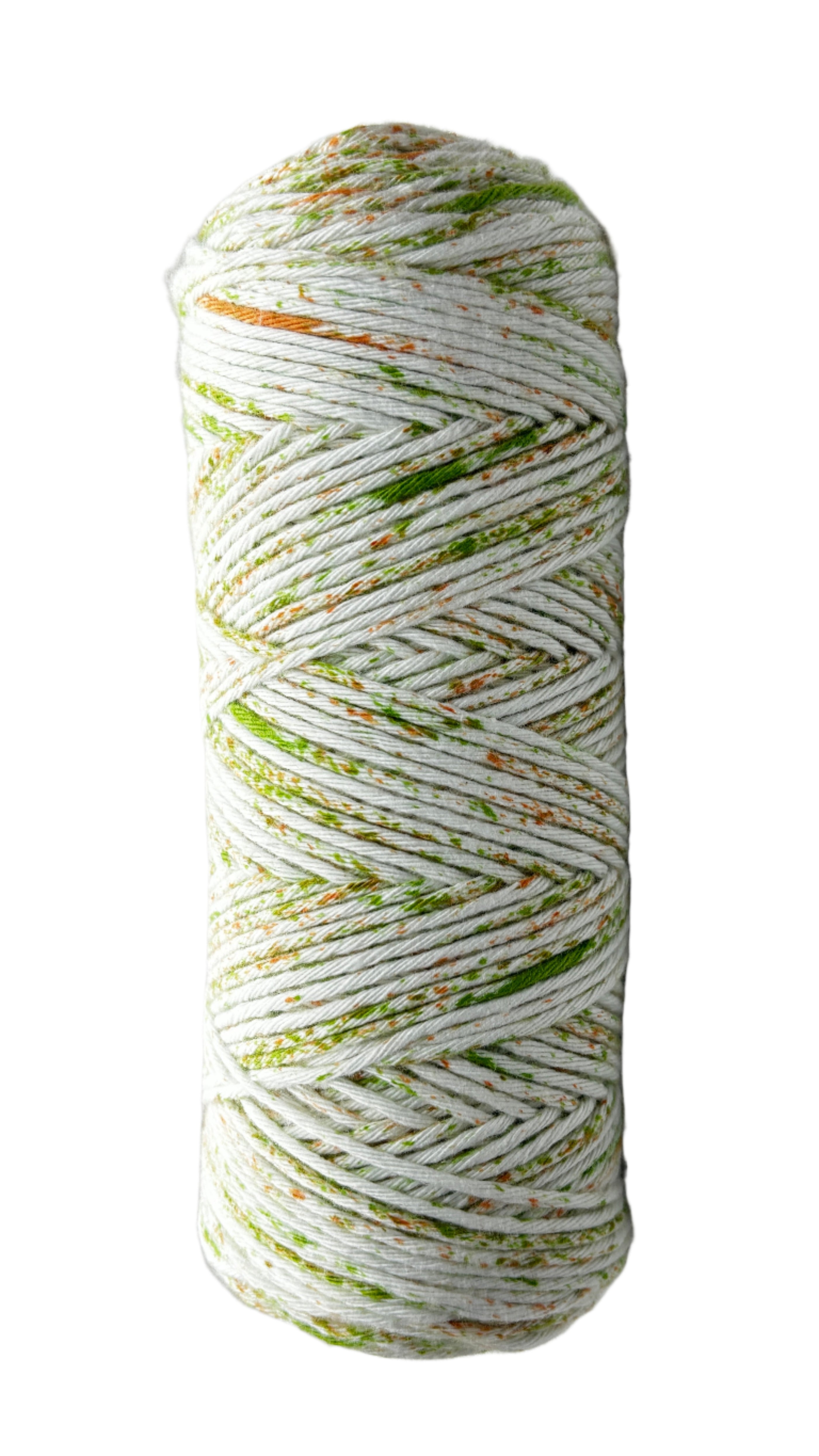 Green, orange speckled skein of yarn 