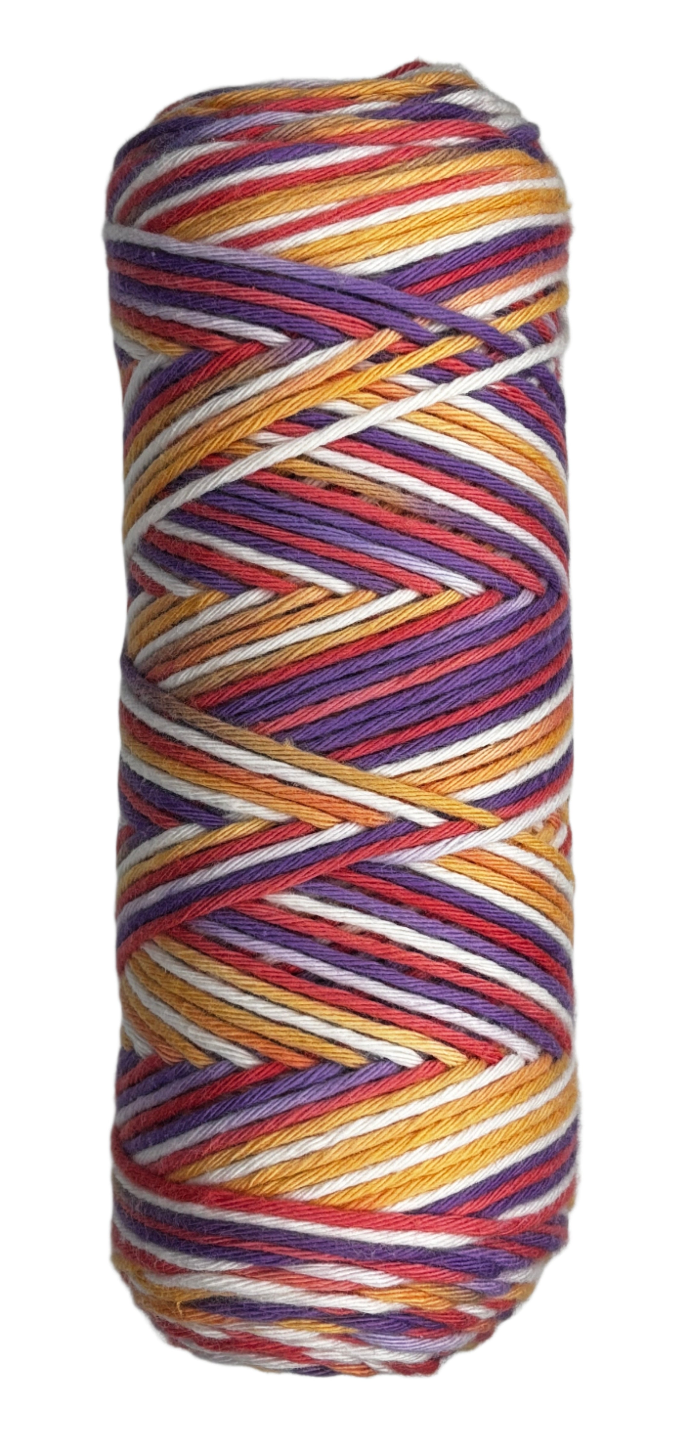 Coral, Purple, Orange, White striped skein of yarn