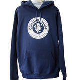 Dark blue hoodie with the Cowgirl Yarn logo on it
