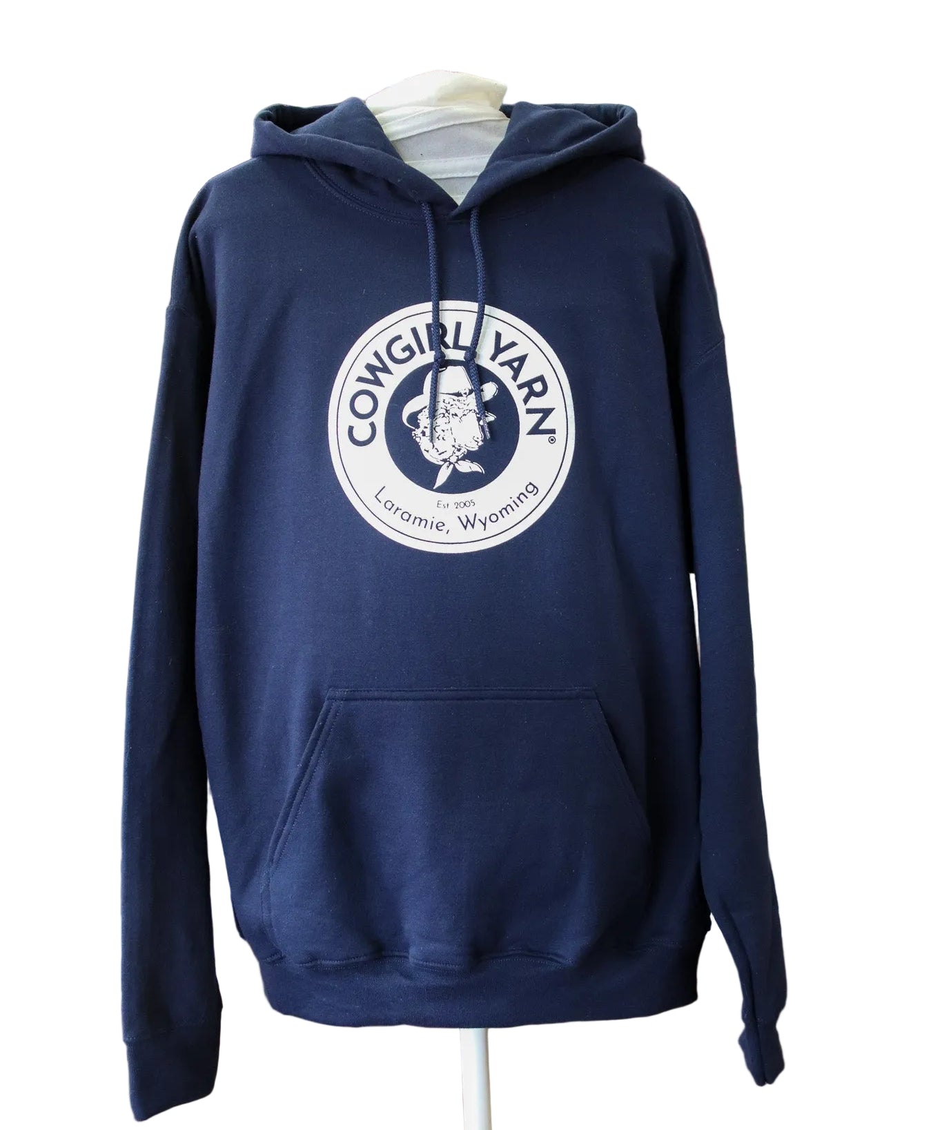 Dark blue hoodie with the Cowgirl Yarn logo on it