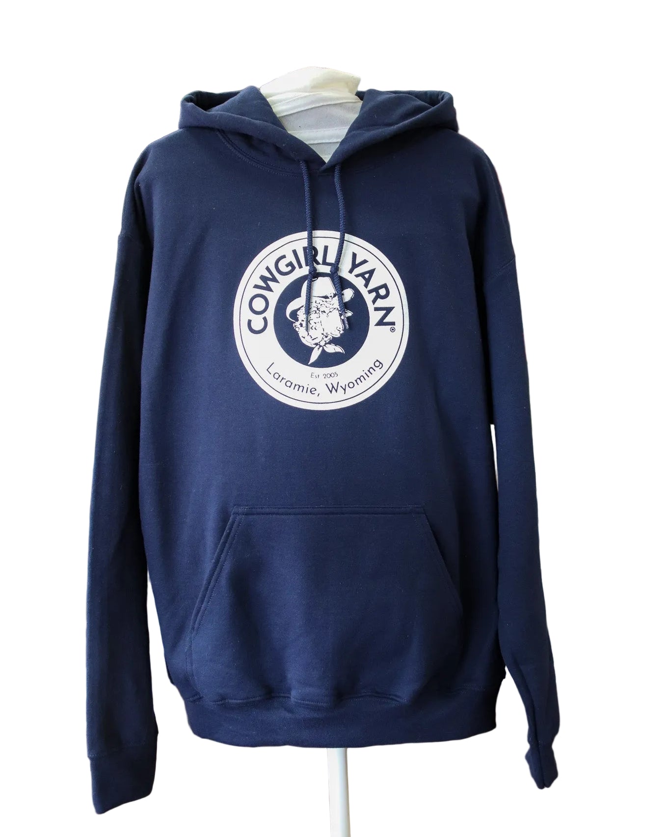 Dark blue hoodie with the Cowgirl Yarn logo on it