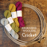 Four skeins of wool yarn in different colors arranged next to a coiled piece of natural fiber rope on a rustic wooden surface. The yarn colors are light gray, mustard yellow, olive green, and magenta.