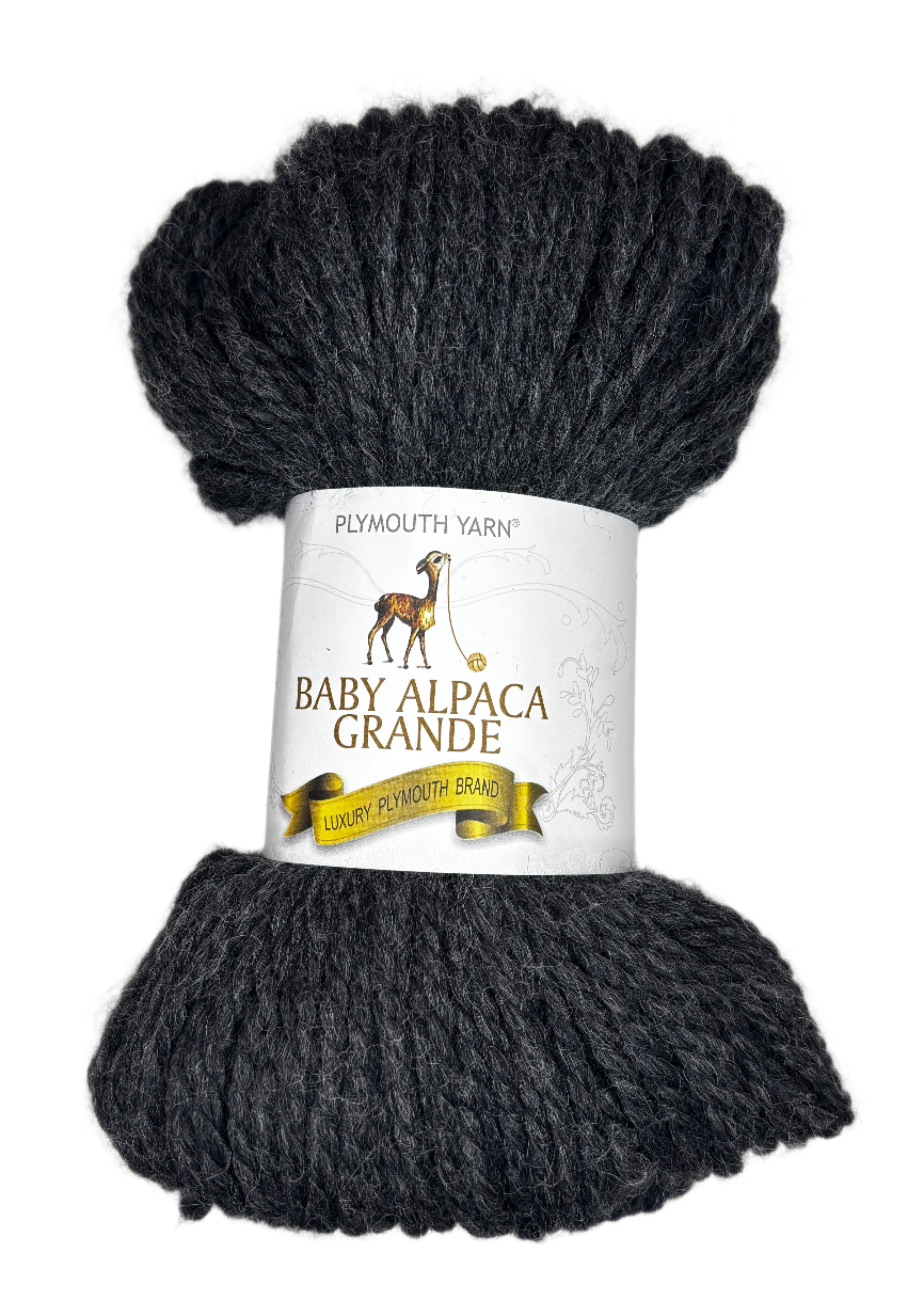 Skein of Dark Grey yarn with white label on white background