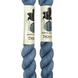 Mini Skeins of Hand Dyed yarn in the color denim blue