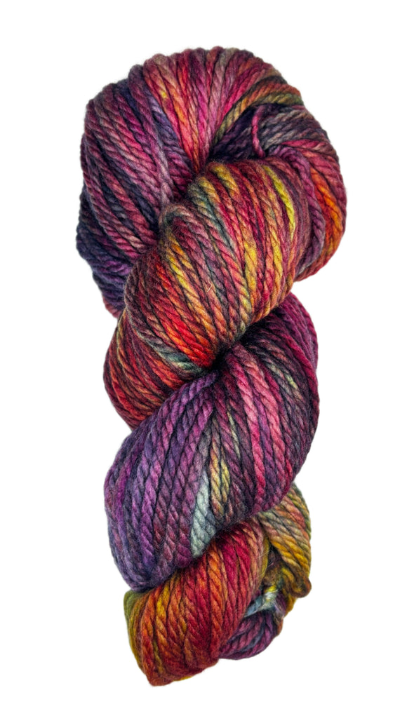 Skein of Malabrigo Chunky Yarn in the colors red orange yellow green blue purple