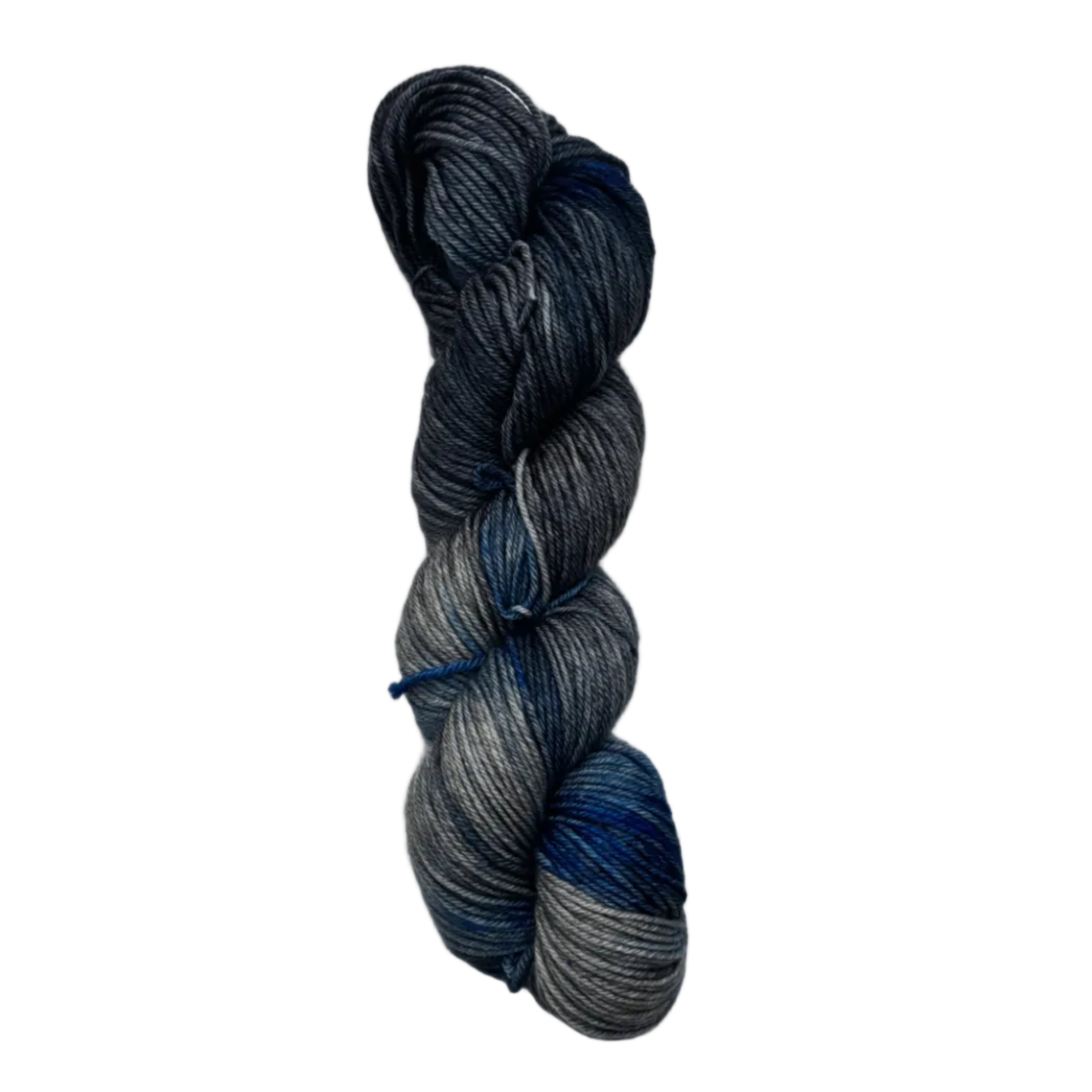 Skein of blue and gray yarn on a white background