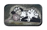 Small rectangular tin with a cartoon design of a sleepy sheep on a white background