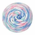 Dusty Pink, Blue, Teal, White striped skein of yarn