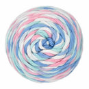 Dusty Pink, Blue, Teal, White striped skein of yarn