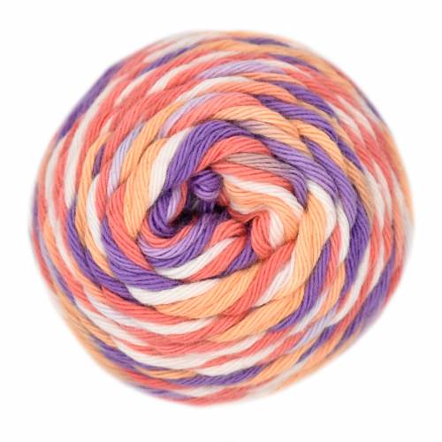 Coral, Purple, Orange, White striped skein of yarn