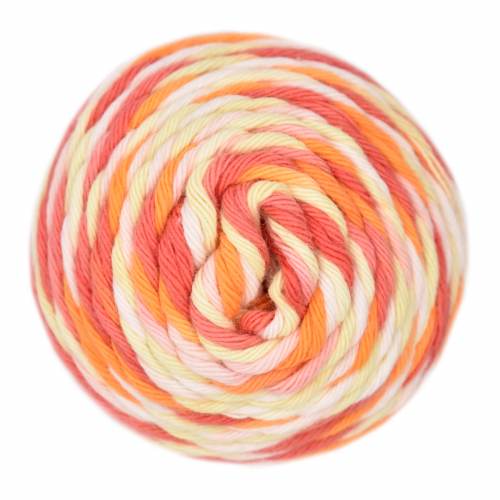 Coral, Orange, Yellow, White striped skein of yarn
