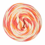Coral, Orange, Yellow, White striped skein of yarn