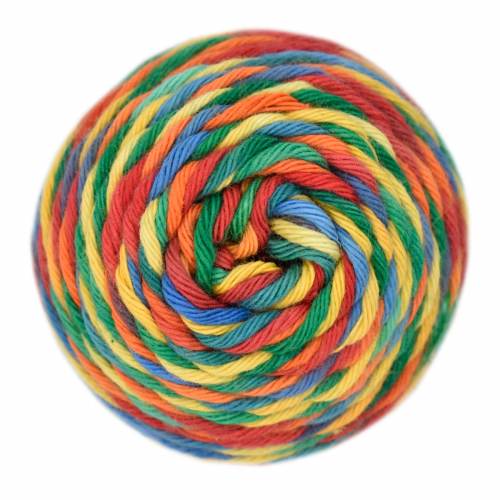 Red, Orange, Blue, Yellow, Green striped skein of yarn