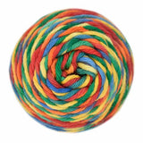 Red, Orange, Blue, Yellow, Green striped skein of yarn