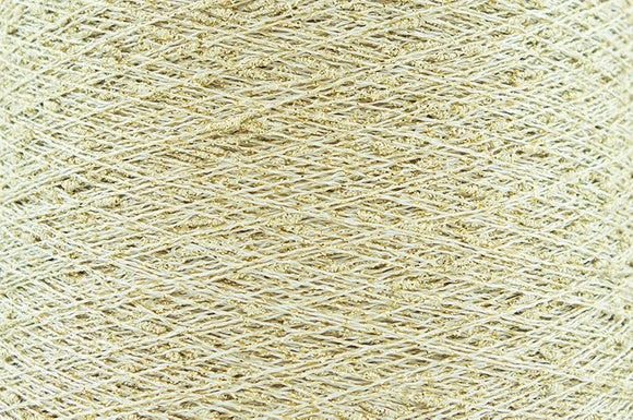 Close-up of Gold White, a white base yarn with gold sparkles