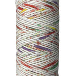 Purple, red, yellow, green speckled skein of yarn 
