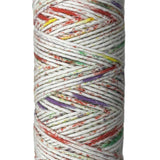 Purple, red, yellow, green speckled skein of yarn 