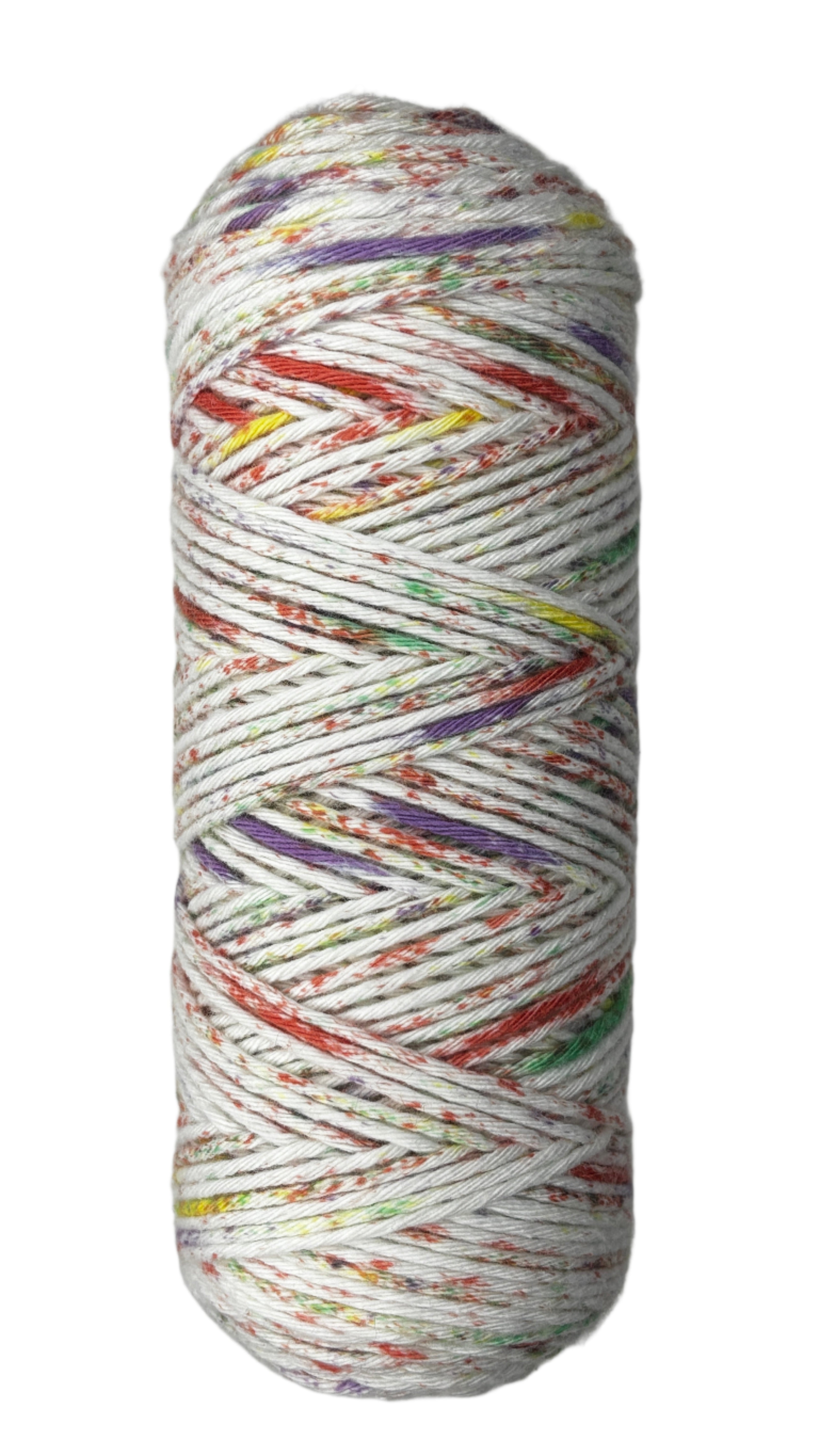 Purple, red, yellow, green speckled skein of yarn 