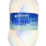 A pink, yellow, and blue skein of Plymouth Encore Colorspun yarn