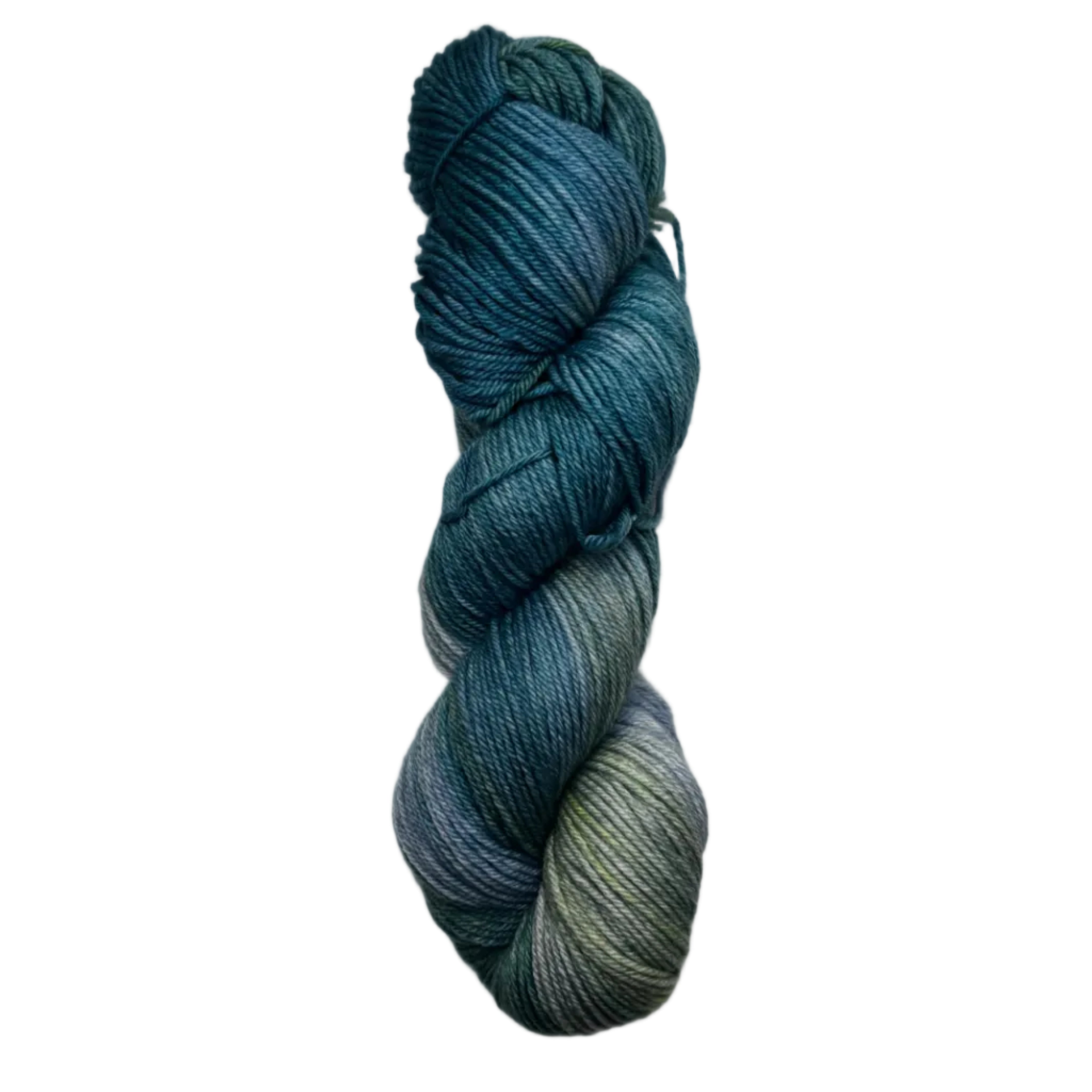 Blue and grey skein of yarn on a white background