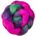 Polwarth combed top fiber braid in the colors pink green purple grey