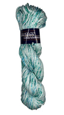 A skein of cotton yarn in the colors white teal and light blue