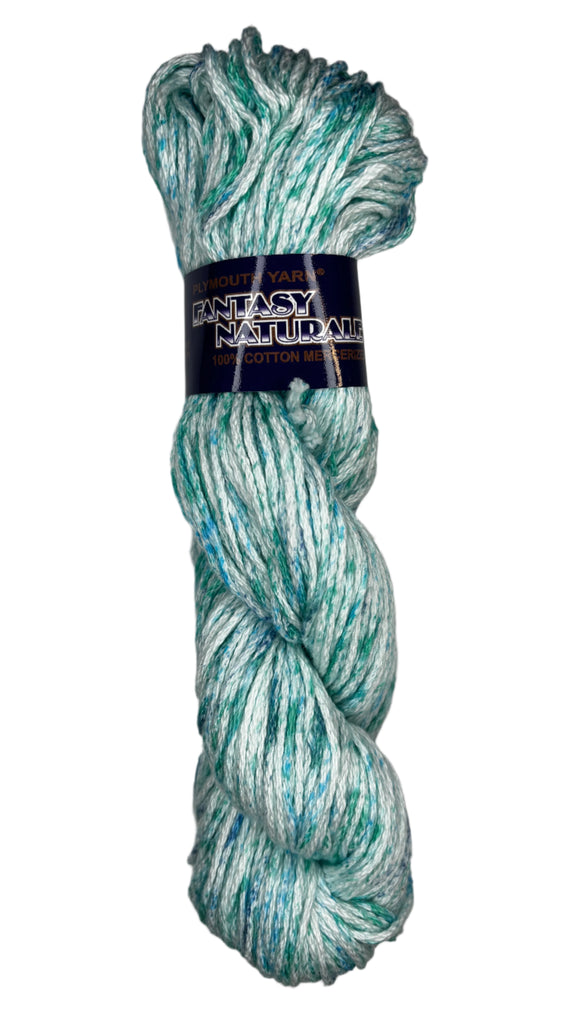 A skein of cotton yarn in the colors white teal and light blue