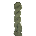 Green skein of mountain meadow wool yarn on a white background