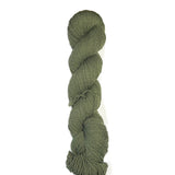 Green skein of mountain meadow wool yarn on a white background