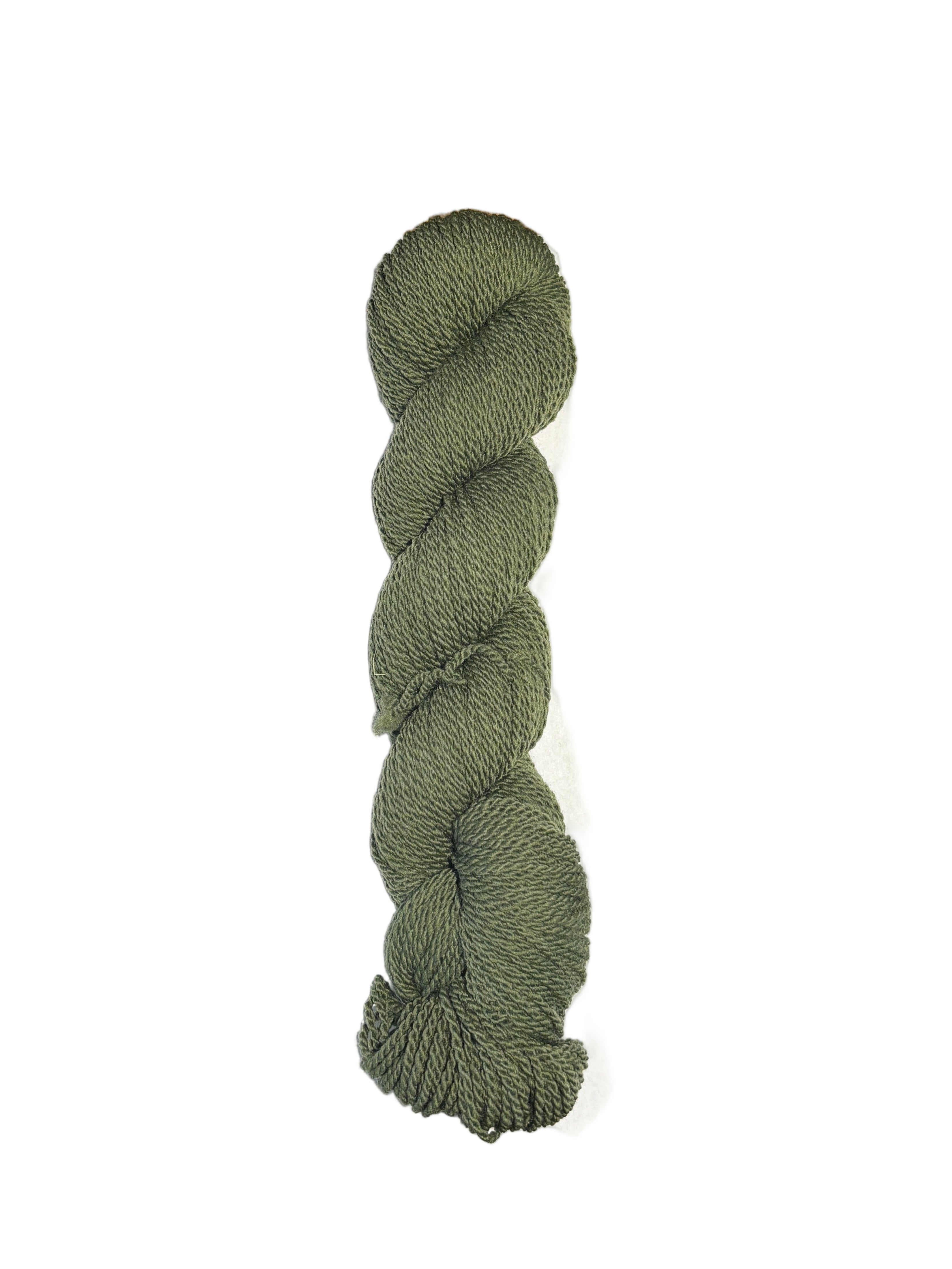 Green skein of mountain meadow wool yarn on a white background