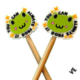 Two green frog-themed stitch stoppers featuring the text 'You Can Always Frog It' 