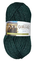 A skein of Plymouth Yarn Galway in the color heathered Mountain Green
