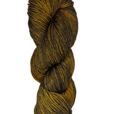 A brown and black variegated skein of yarn