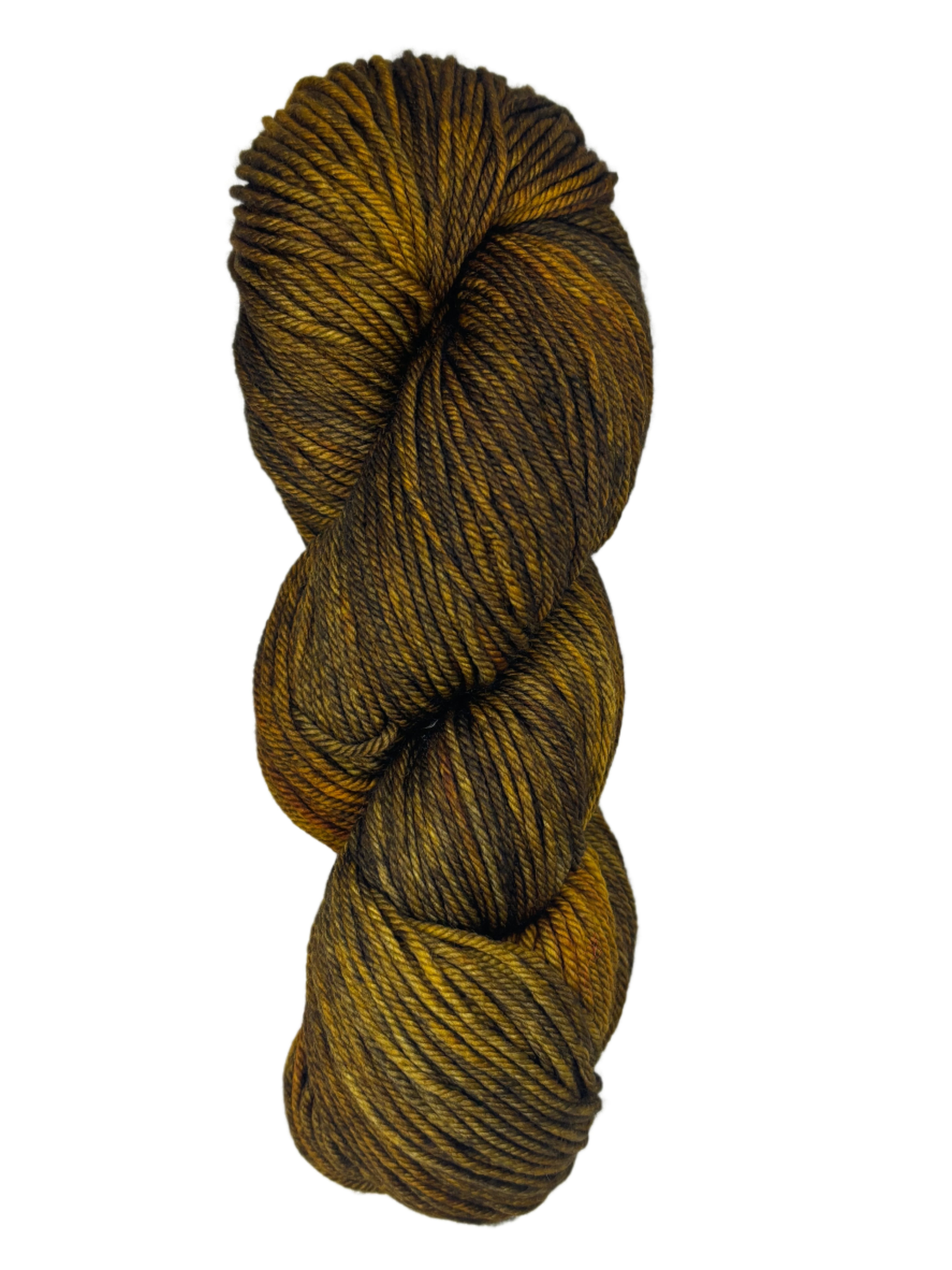 A brown and black variegated skein of yarn