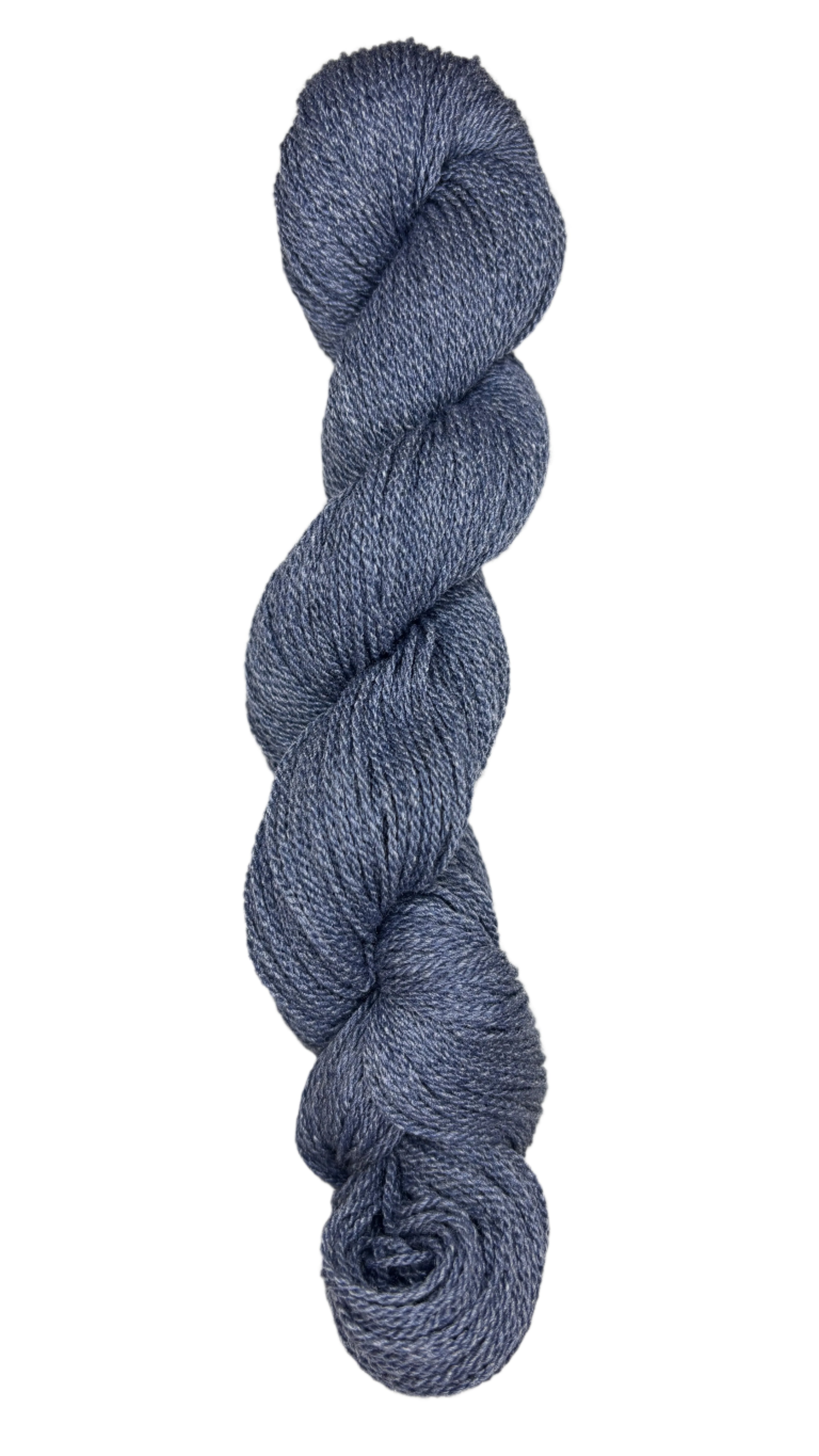 A skein of Mountain Meadow Wool Yarn in the color denim blue