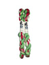 Two skeins of red, green, and white yarn on a white background