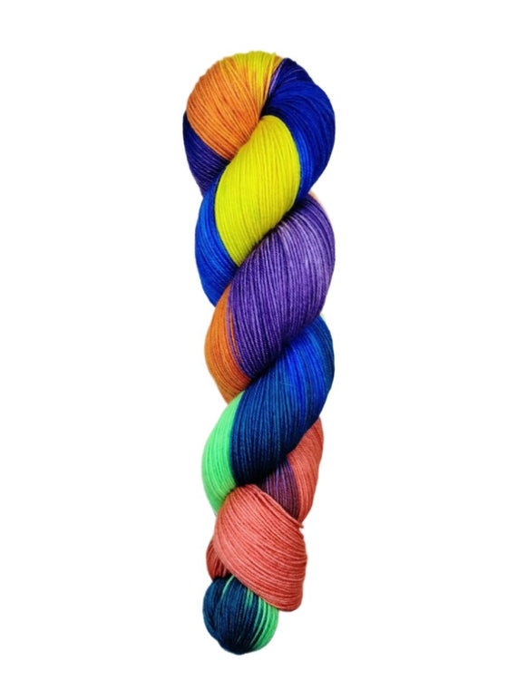 A skein of hand-dyed fingering/sock yarn color blue yellow orange purple salmon