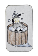Small rectangular tin with a cartoon design of a sheep in a wooden bathtub on a white background
