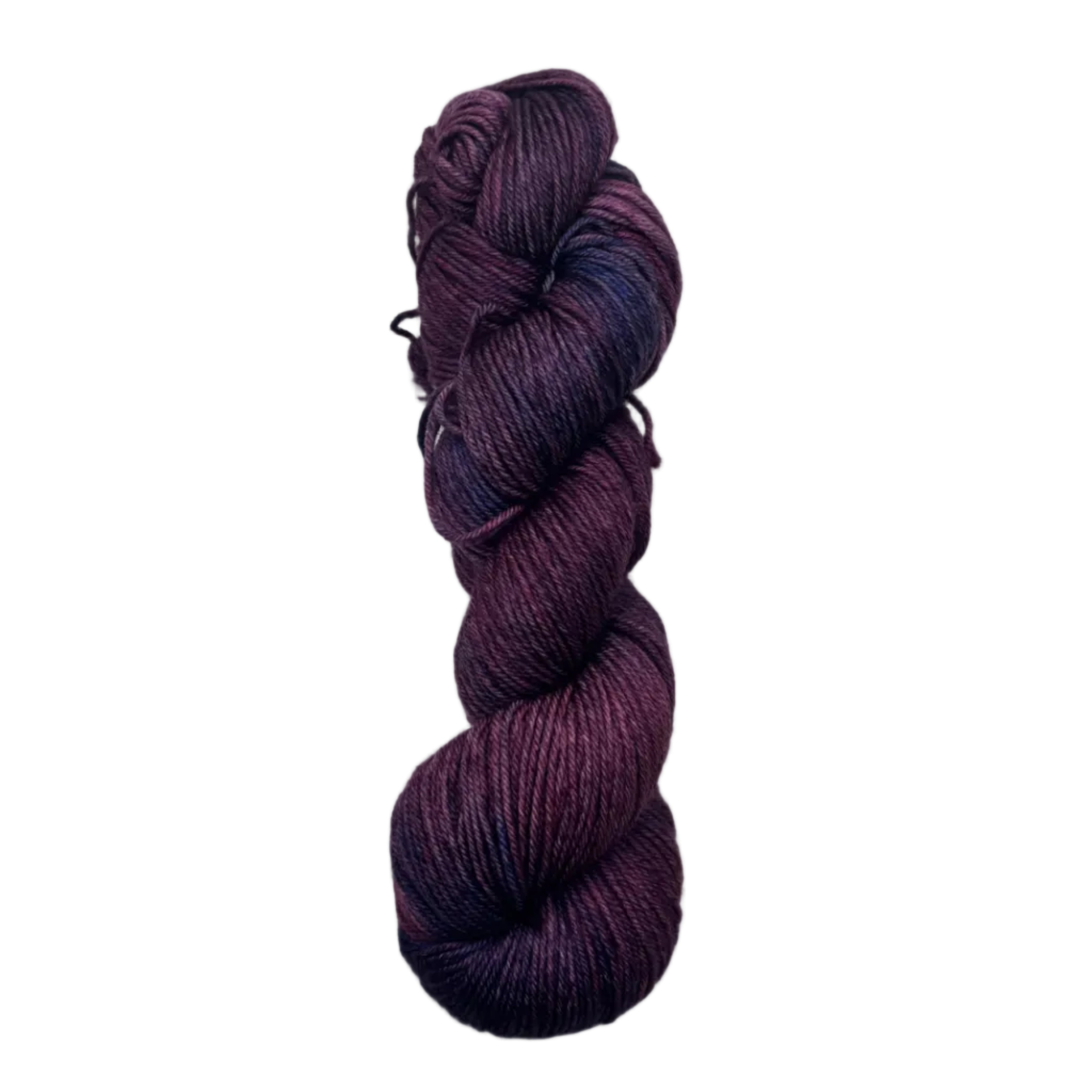 Purple and navy skein of yarn on a white background