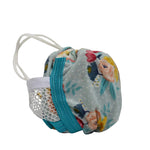 A reusable cloth pouch with a floral print, and white drawstring..