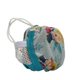 A reusable cloth pouch with a floral print, and white drawstring..