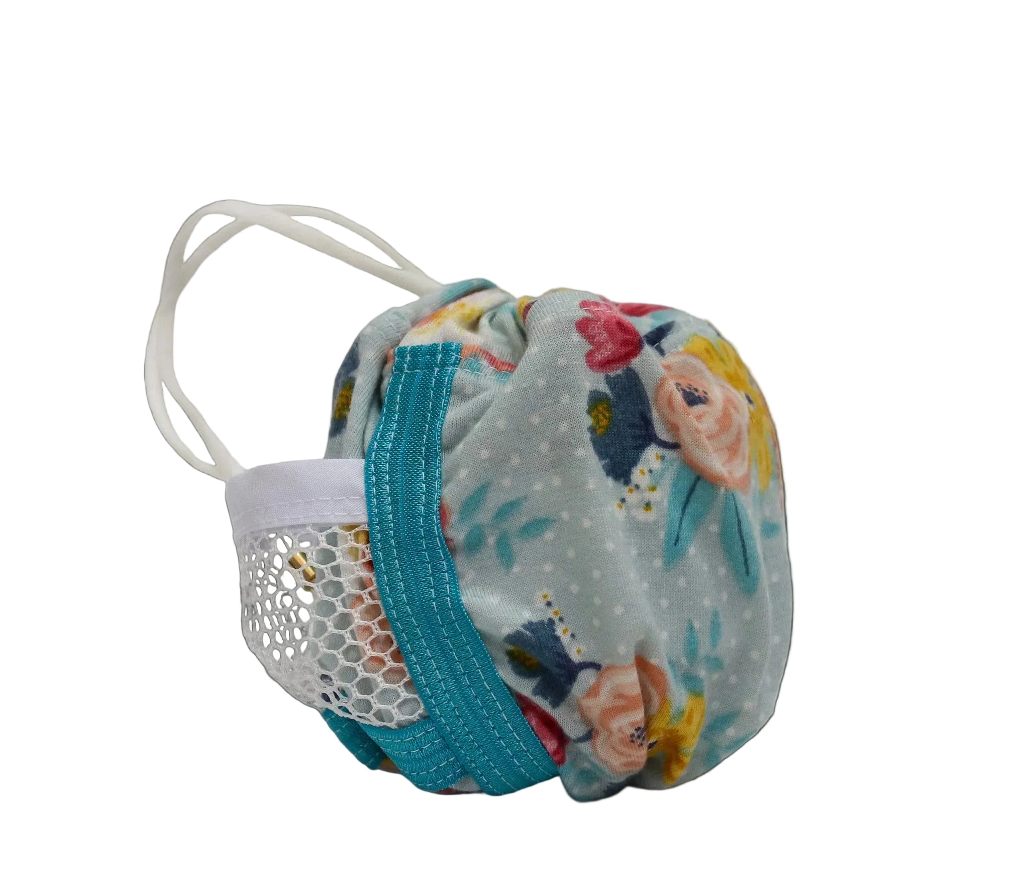 A reusable cloth pouch with a floral print, and white drawstring..