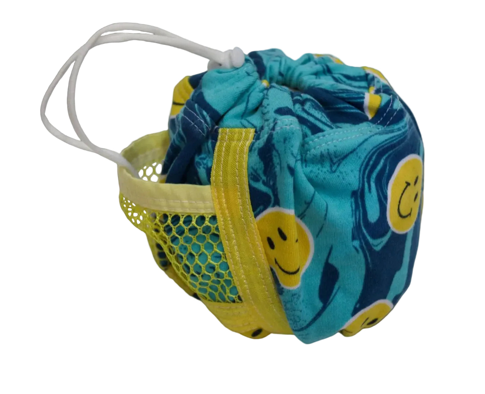 A small fab ric pouch with a drawstring closure, featuring a blue and teal marbled pattern with yellow smiley faces, and a yellow mesh pocket holding a white drawstring.