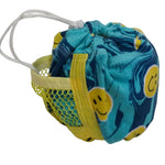A small fab ric pouch with a drawstring closure, featuring a blue and teal marbled pattern with yellow smiley faces, and a yellow mesh pocket holding a white drawstring.