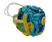 A small fab ric pouch with a drawstring closure, featuring a blue and teal marbled pattern with yellow smiley faces, and a yellow mesh pocket holding a white drawstring.